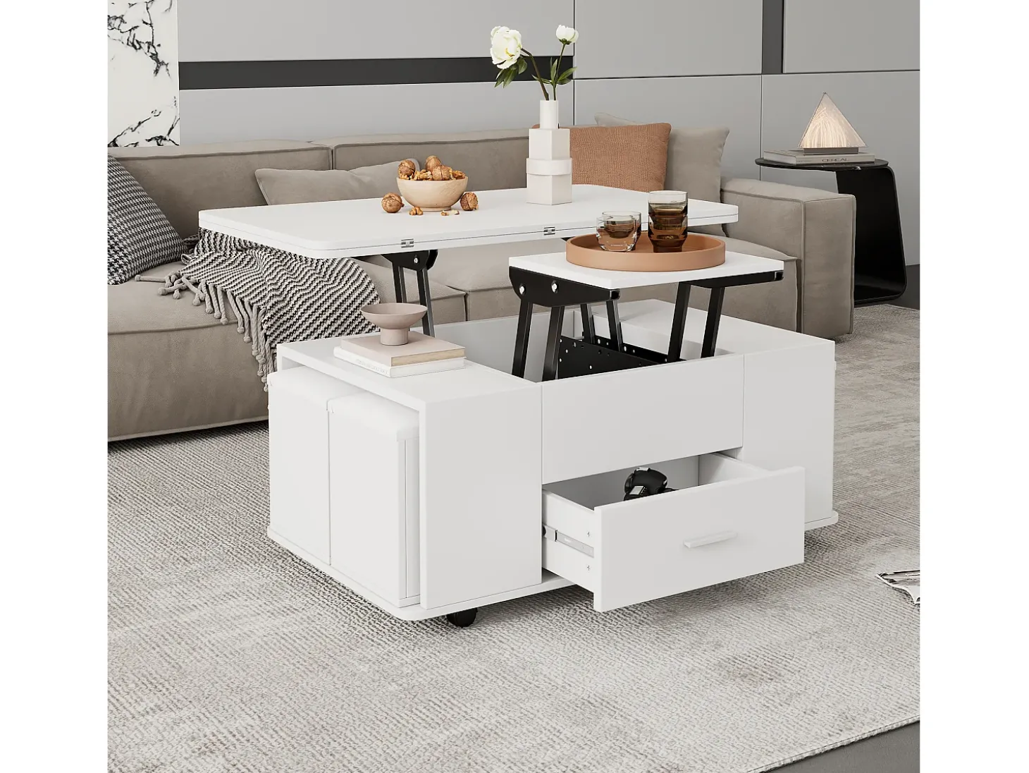 Mesa de centro ajustável em altura 100x50x45cm - multifuncional 4 em 1 - com 1 gaveta - com 4 banquinhos - branca