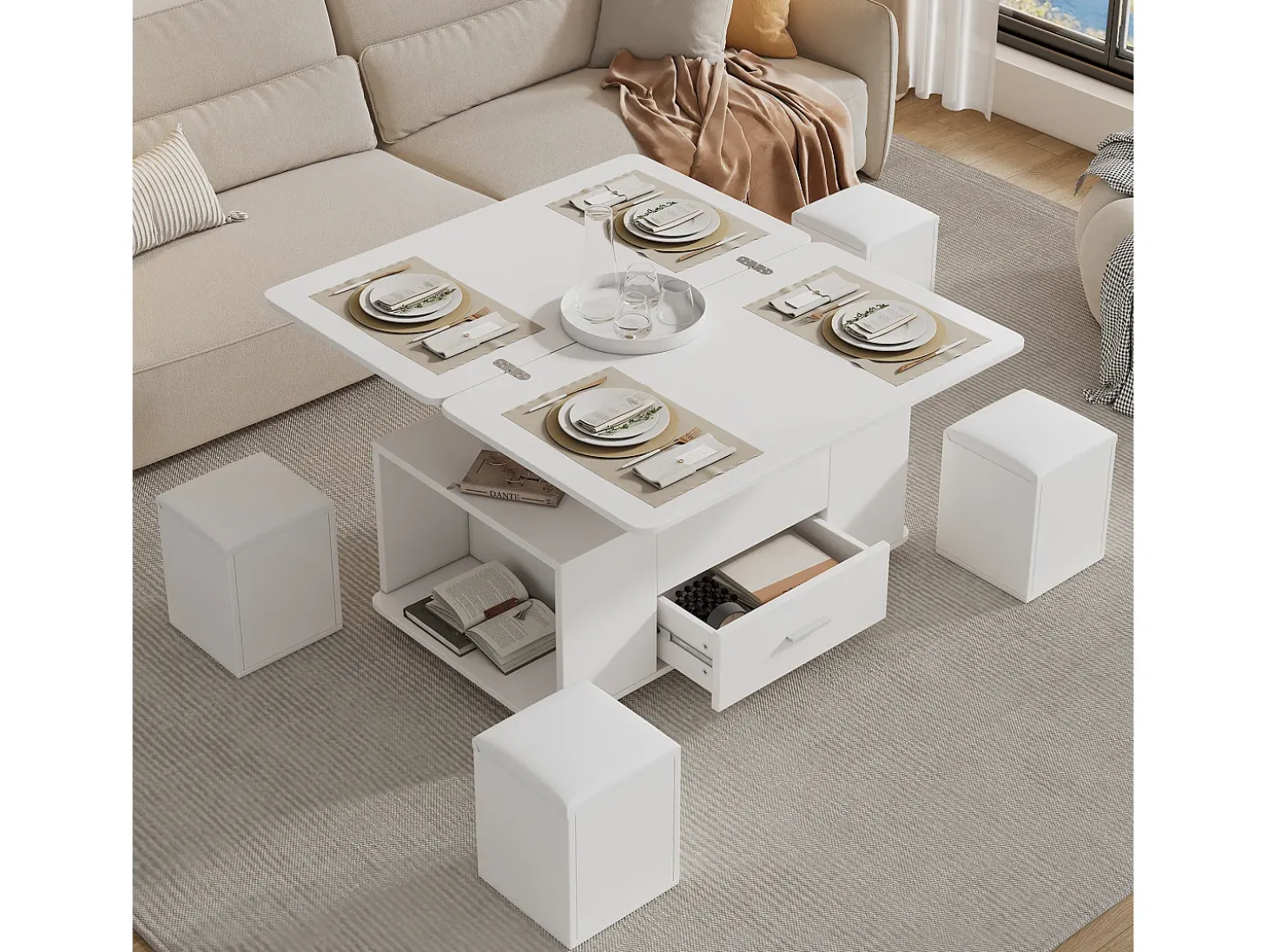 Mesa de centro ajustável em altura 100x50x45cm - multifuncional 4 em 1 - com 1 gaveta - com 4 banquinhos - branca