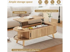 Mesa de centro ajustável em altura 120x50x39,5 cm - 2 portas - Armazenamento oculto - Pés de madeira maciça - Natural