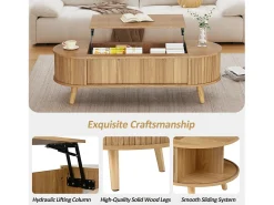 Mesa de centro ajustável em altura 120x50x39,5 cm - 2 portas - Armazenamento oculto - Pés de madeira maciça - Natural