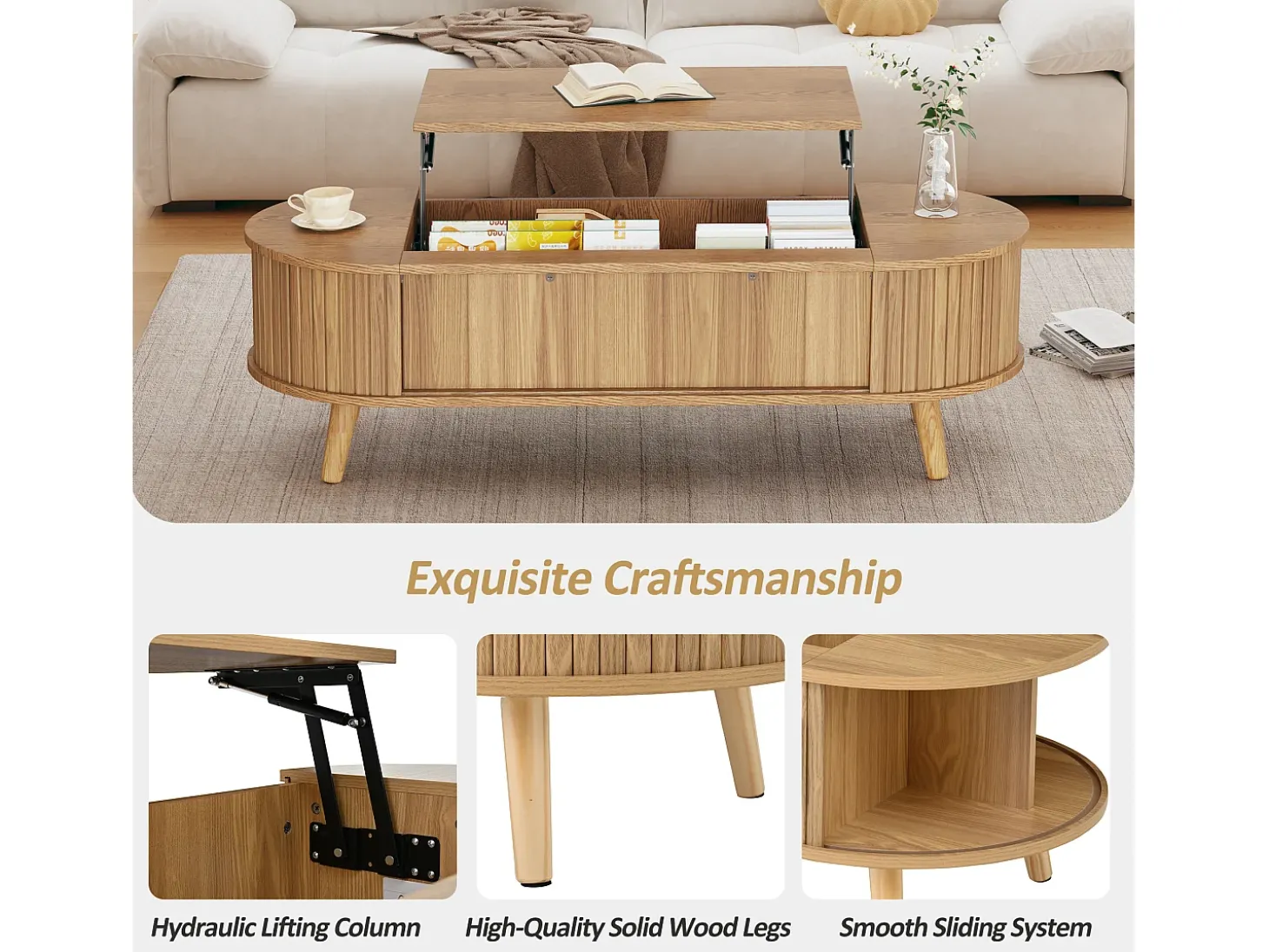 Mesa de centro ajustável em altura 120x50x39,5 cm - 2 portas - Armazenamento oculto - Pés de madeira maciça - Natural