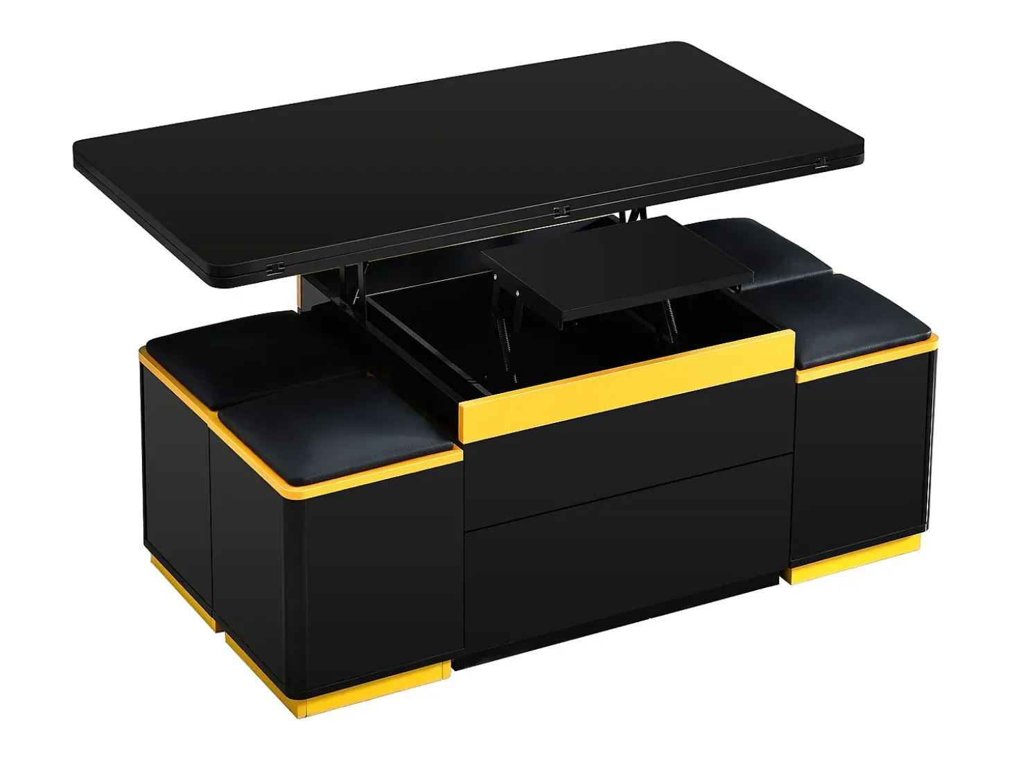 Mesa de centro ajustável em altura moderna 100x50x43cm - com 4 banquinhos de armazenamento - 1 gaveta - Preto