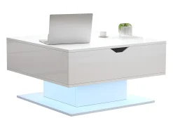 Mesa de centro ajustável em altura 80x77x40 cm - Design de alto brilho - Com iluminação LED - Armazenamento semiaberto - Branco