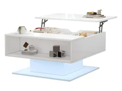 Mesa de centro ajustável em altura 80x77x40 cm - Design de alto brilho - Com iluminação LED - Armazenamento semiaberto - Branco
