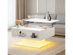 Mesa de centro ajustável em altura 80x77x40 cm - Design de alto brilho - Com iluminação LED - Armazenamento semiaberto - Branco