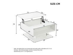 Mesa de centro ajustável em altura 80x77x40 cm - Design de alto brilho - Com iluminação LED - Armazenamento semiaberto - Branco