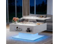 Mesa de centro ajustável em altura 80x77x40 cm - Design de alto brilho - Com iluminação LED - Armazenamento semiaberto - Branco