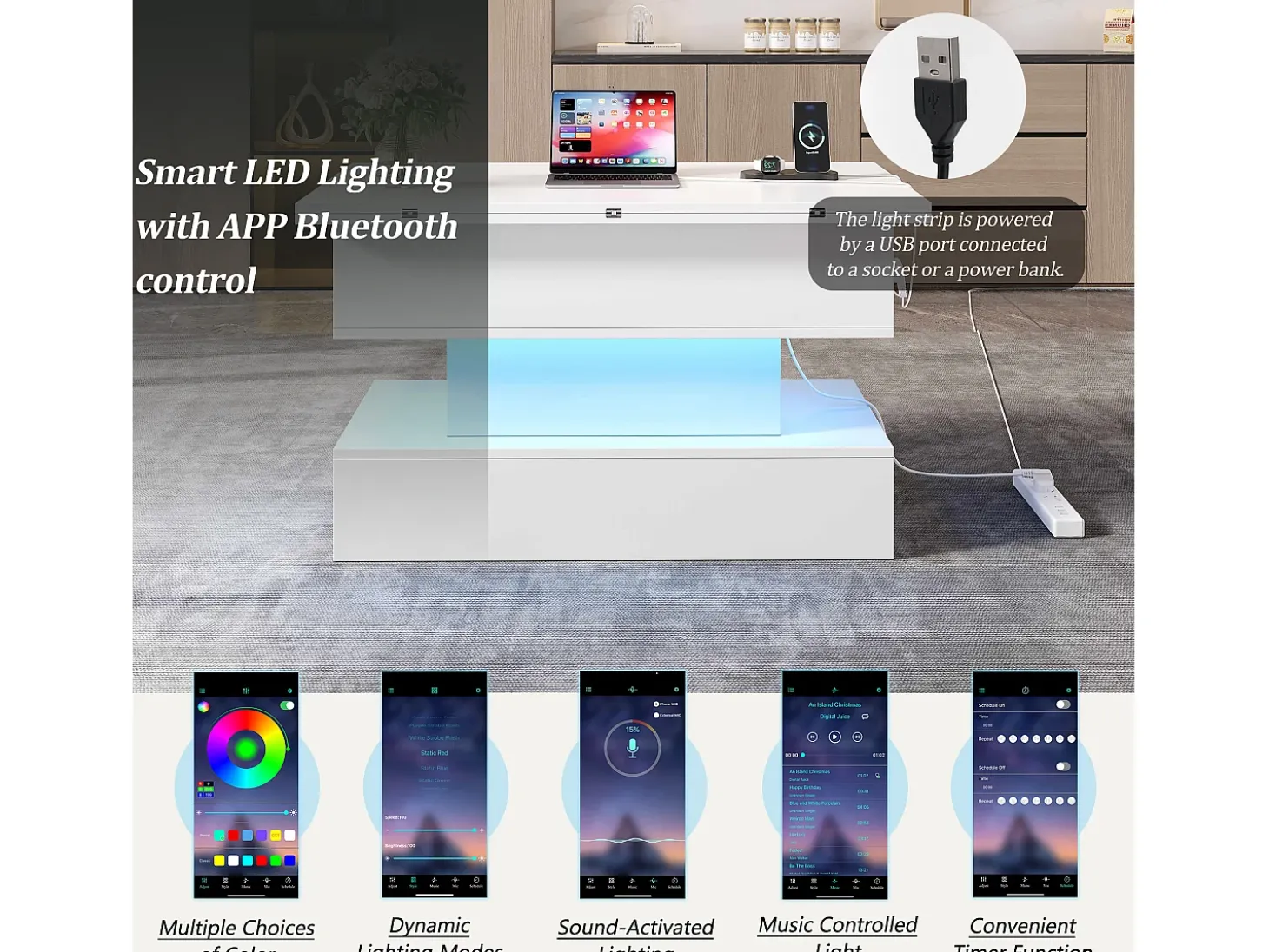 Mesa de centro ajustável em altura 100x50x51,5 cm - com portas USB e Type-C - com iluminação LED - Branco