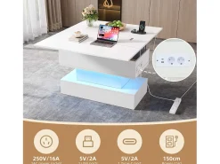 Mesa de centro ajustável em altura 100x50x51,5 cm - com portas USB e Type-C - com iluminação LED - Branco