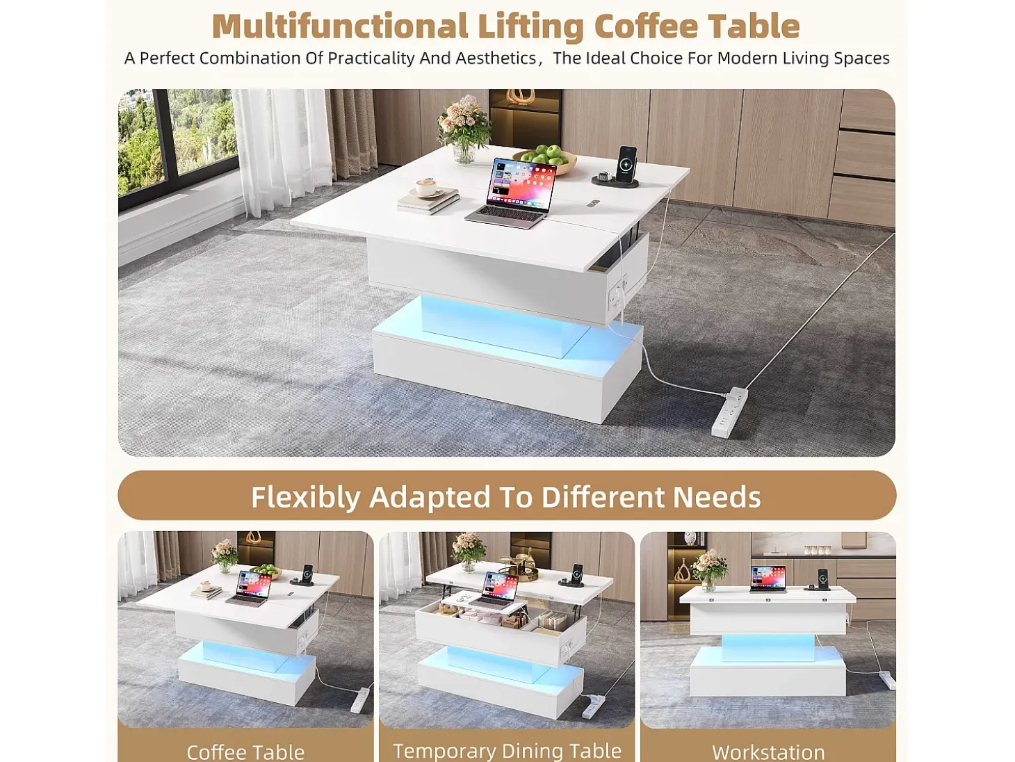 Mesa de centro ajustável em altura 100x50x51,5 cm - com portas USB e Type-C - com iluminação LED - Branco