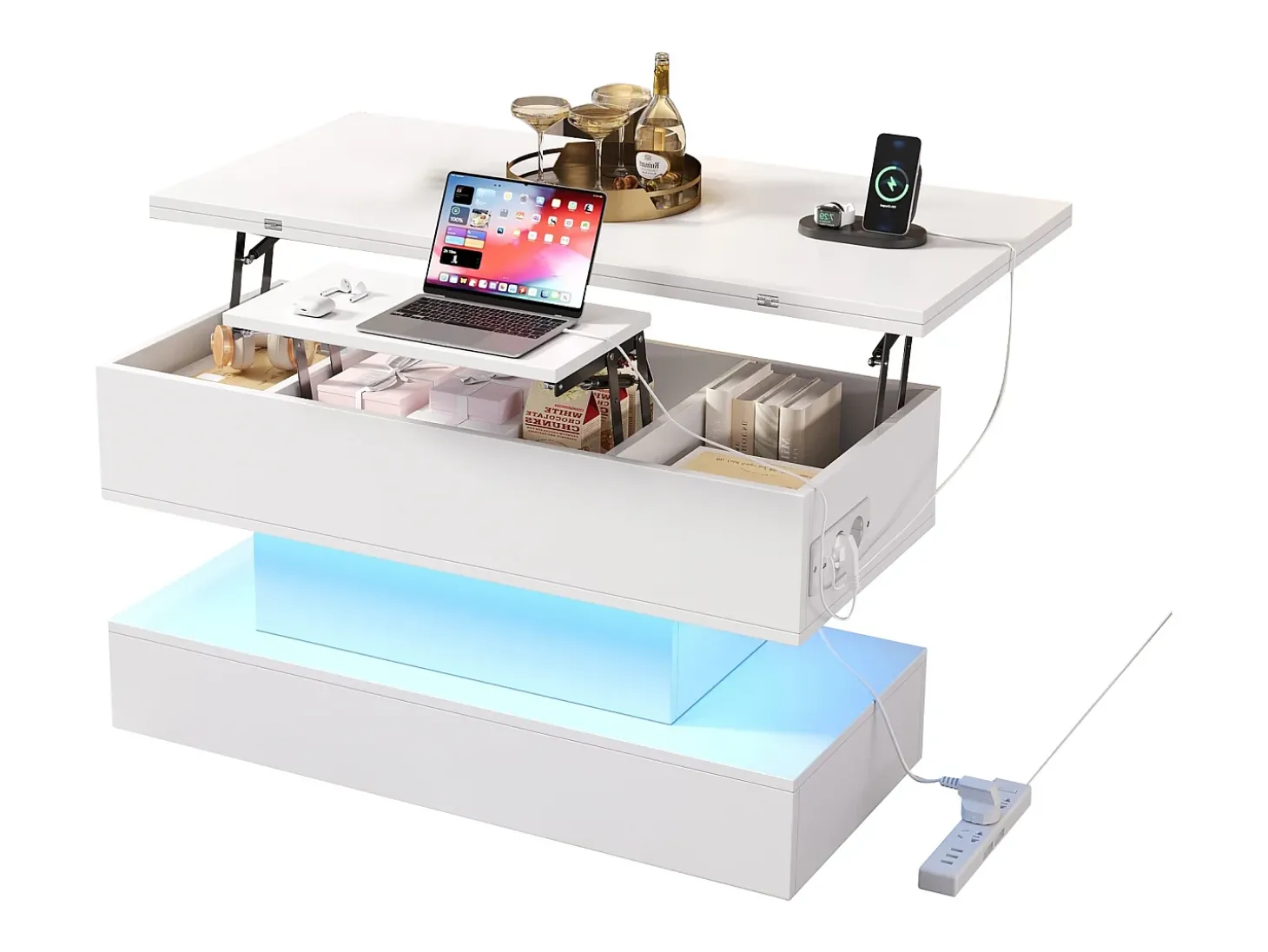 Mesa de centro ajustável em altura 100x50x51,5 cm - com portas USB e Type-C - com iluminação LED - Branco