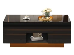 Mesa de centro ajustável em altura 100x45x43 cm - Com 2 gavetas e iluminação LED - Superfície brilhante - Painéis de partículas - Preto