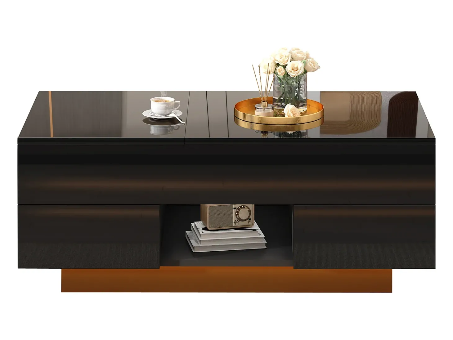 Mesa de centro ajustável em altura 100x45x43 cm - Com 2 gavetas e iluminação LED - Superfície brilhante - Painéis de partículas - Preto
