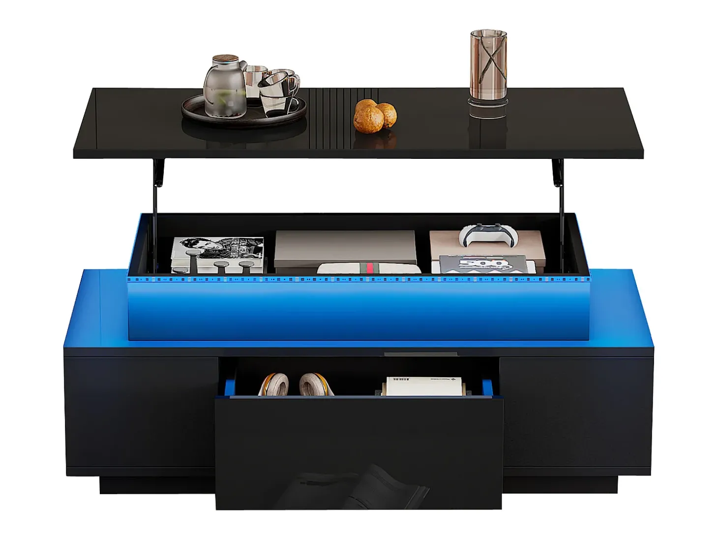 Mesa de centro ajustável em altura 96x45x40cm - com armazenamento oculto - com 1 gaveta - com iluminação LED - preta
