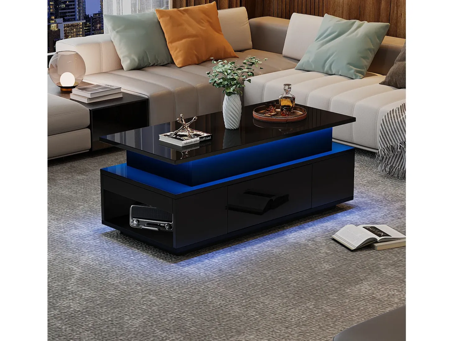 Mesa de centro ajustável em altura 96x45x40cm - com armazenamento oculto - com 1 gaveta - com iluminação LED - preta