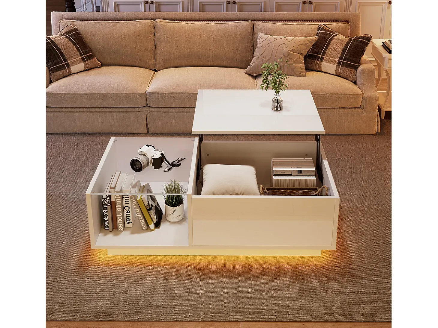 Mesa de centro alto brilho - altura ajustável - com armazenamento + prateleiras - branco