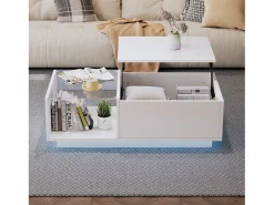 Mesa de centro alto brilho - altura ajustável - com armazenamento + prateleiras - branco
