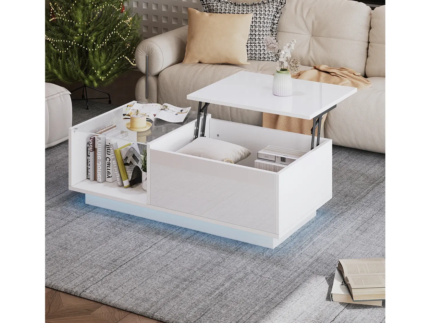 Mesa de centro alto brilho - altura ajustável - com armazenamento + prateleiras - branco
