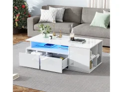 Mesa de centro alto brilho 100×50×35 cm - com iluminação LED - 2 gavetas - 3 compartimentos - branco
