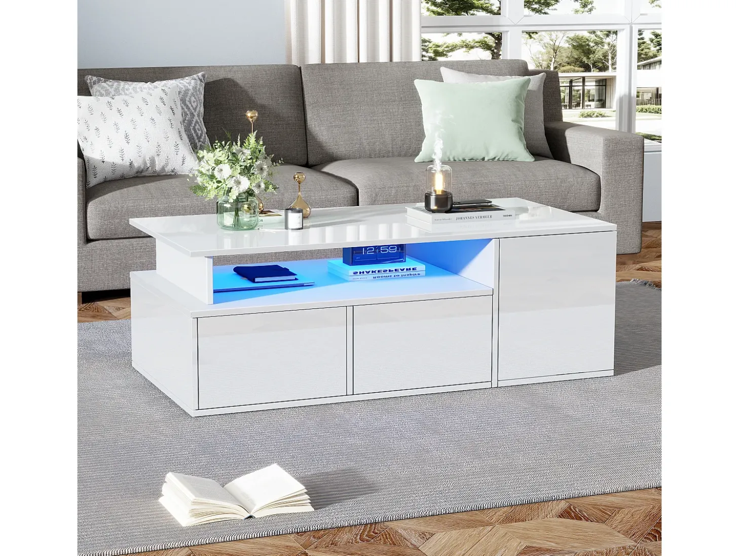 Mesa de centro alto brilho 100×50×35 cm - com iluminação LED - 2 gavetas - 3 compartimentos - branco