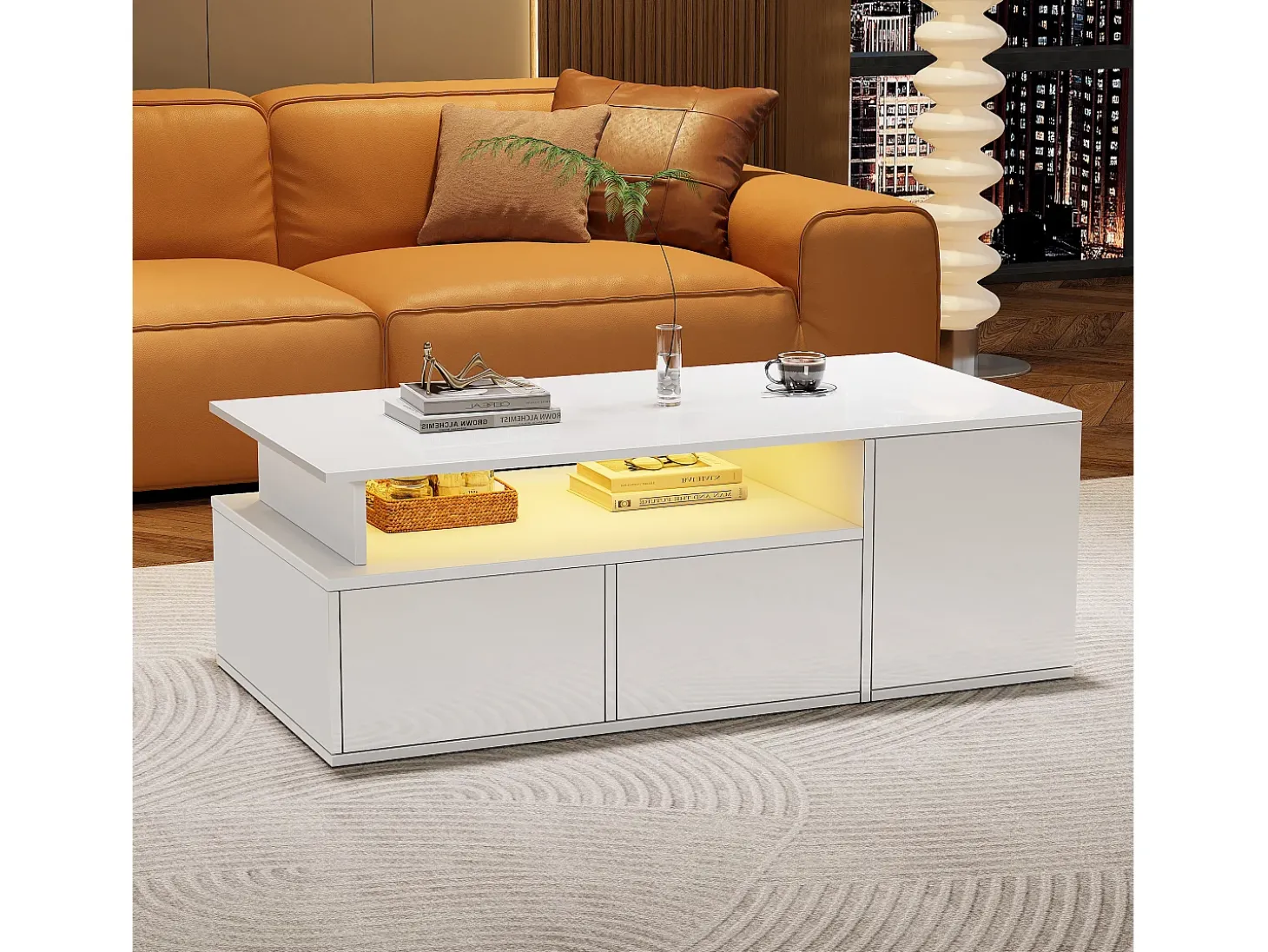 Mesa de centro alto brilho 100×50×35 cm - com iluminação LED - 2 gavetas - 3 compartimentos - branco