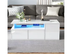 Mesa de centro alto brilho 100×50×35 cm - com iluminação LED - 2 gavetas - 3 compartimentos - branco