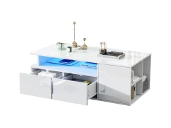 Mesa de centro alto brilho 100×50×35 cm - com iluminação LED - 2 gavetas - 3 compartimentos - branco