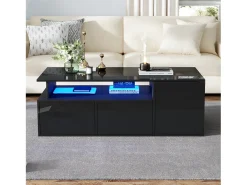 Mesa de centro alto brilho 100×50×35 cm - com iluminação LED - 2 gavetas - 3 compartimentos - preto