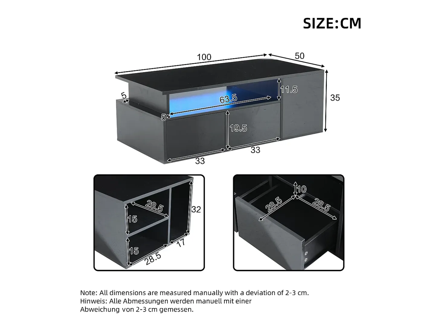 Mesa de centro alto brilho 100×50×35 cm - com iluminação LED - 2 gavetas - 3 compartimentos - preto