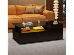 Mesa de centro alto brilho 100×50×35 cm - com iluminação LED - 2 gavetas - 3 compartimentos - preto
