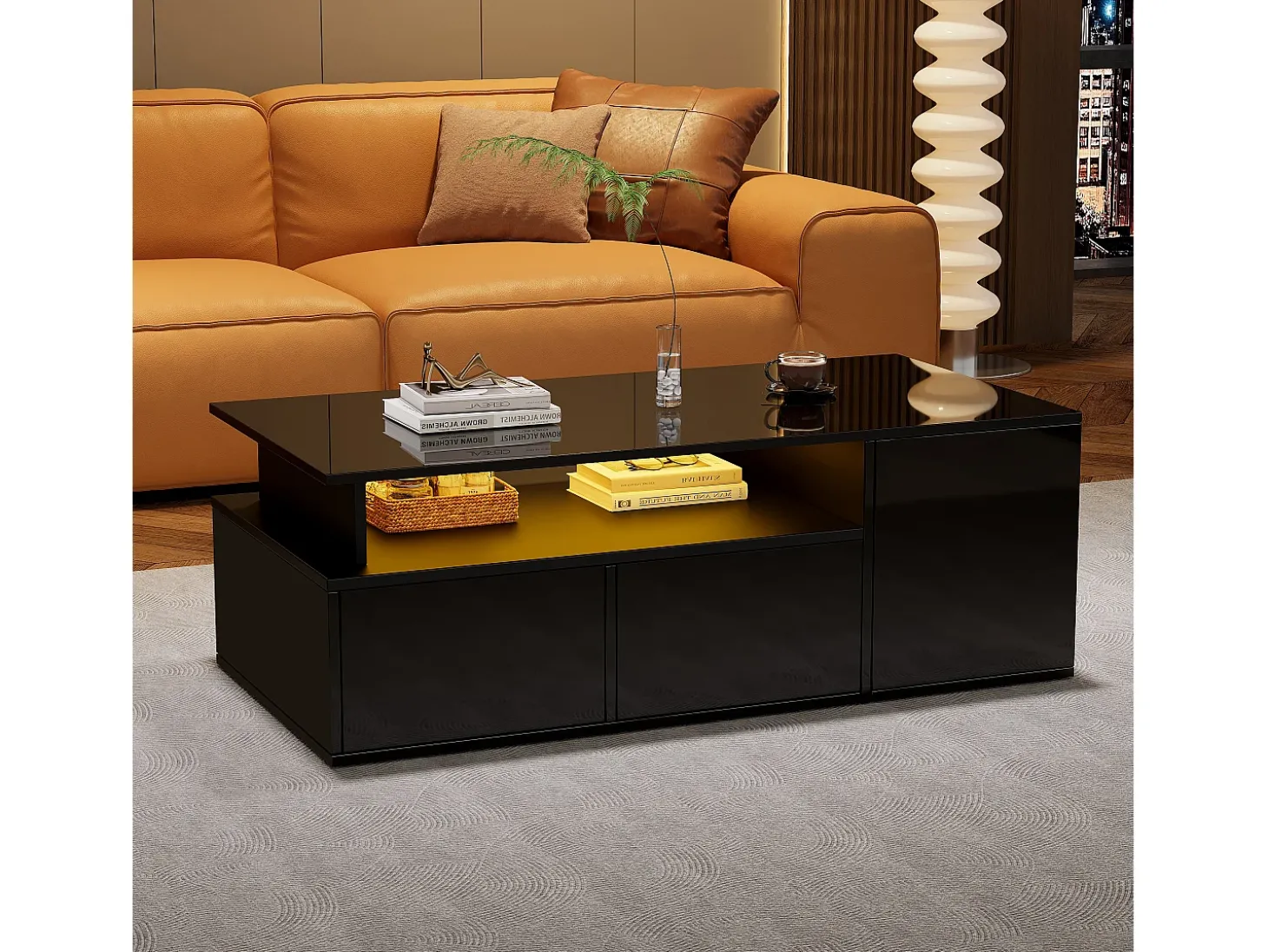Mesa de centro alto brilho 100×50×35 cm - com iluminação LED - 2 gavetas - 3 compartimentos - preto