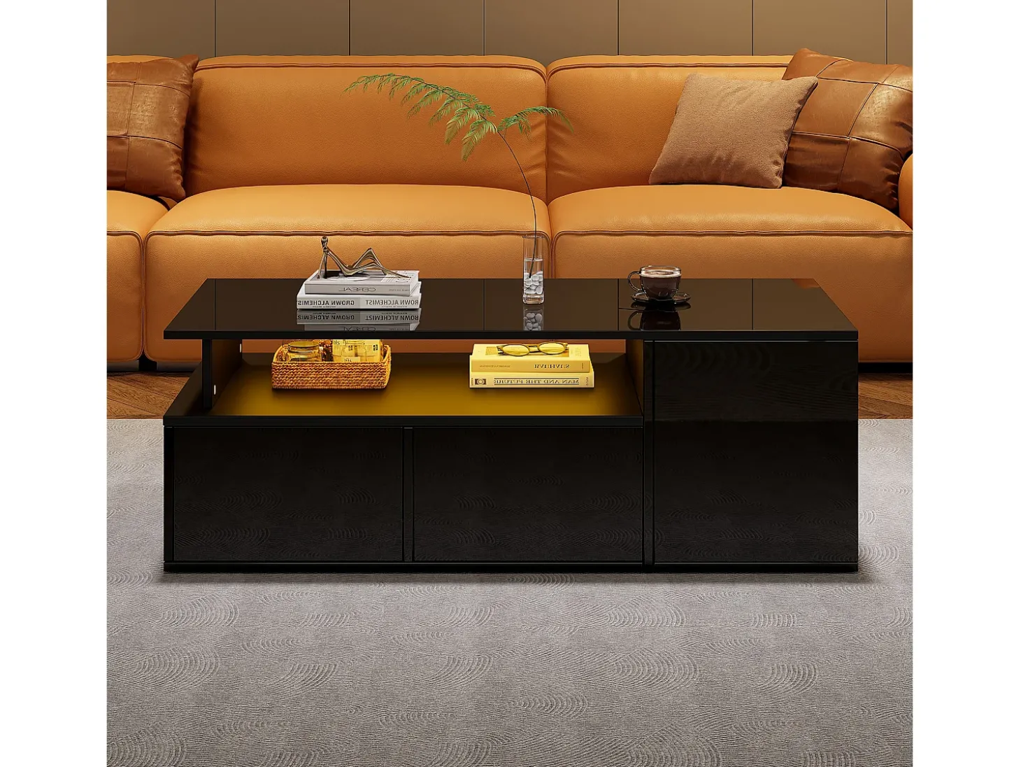 Mesa de centro alto brilho 100×50×35 cm - com iluminação LED - 2 gavetas - 3 compartimentos - preto