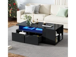 Mesa de centro alto brilho 100×50×35 cm - com iluminação LED - 2 gavetas - 3 compartimentos - preto