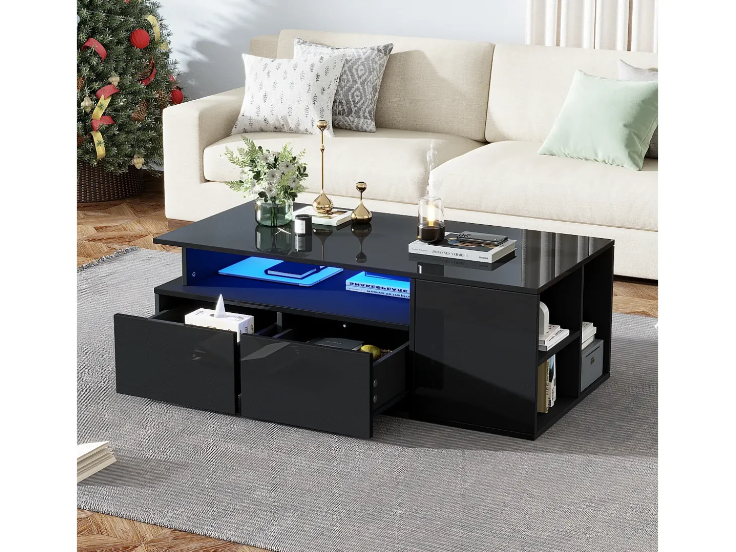 Mesa de centro alto brilho 100×50×35 cm - com iluminação LED - 2 gavetas - 3 compartimentos - preto
