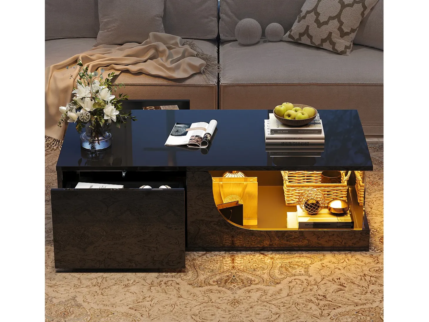 Mesa de centro alto brilho 100x50x30 cm - com 2 gavetas - com iluminação LED - vidro temperado - MDF - preto
