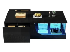 Mesa de centro alto brilho 100x50x30 cm - com 2 gavetas - com iluminação LED - vidro temperado - MDF - preto