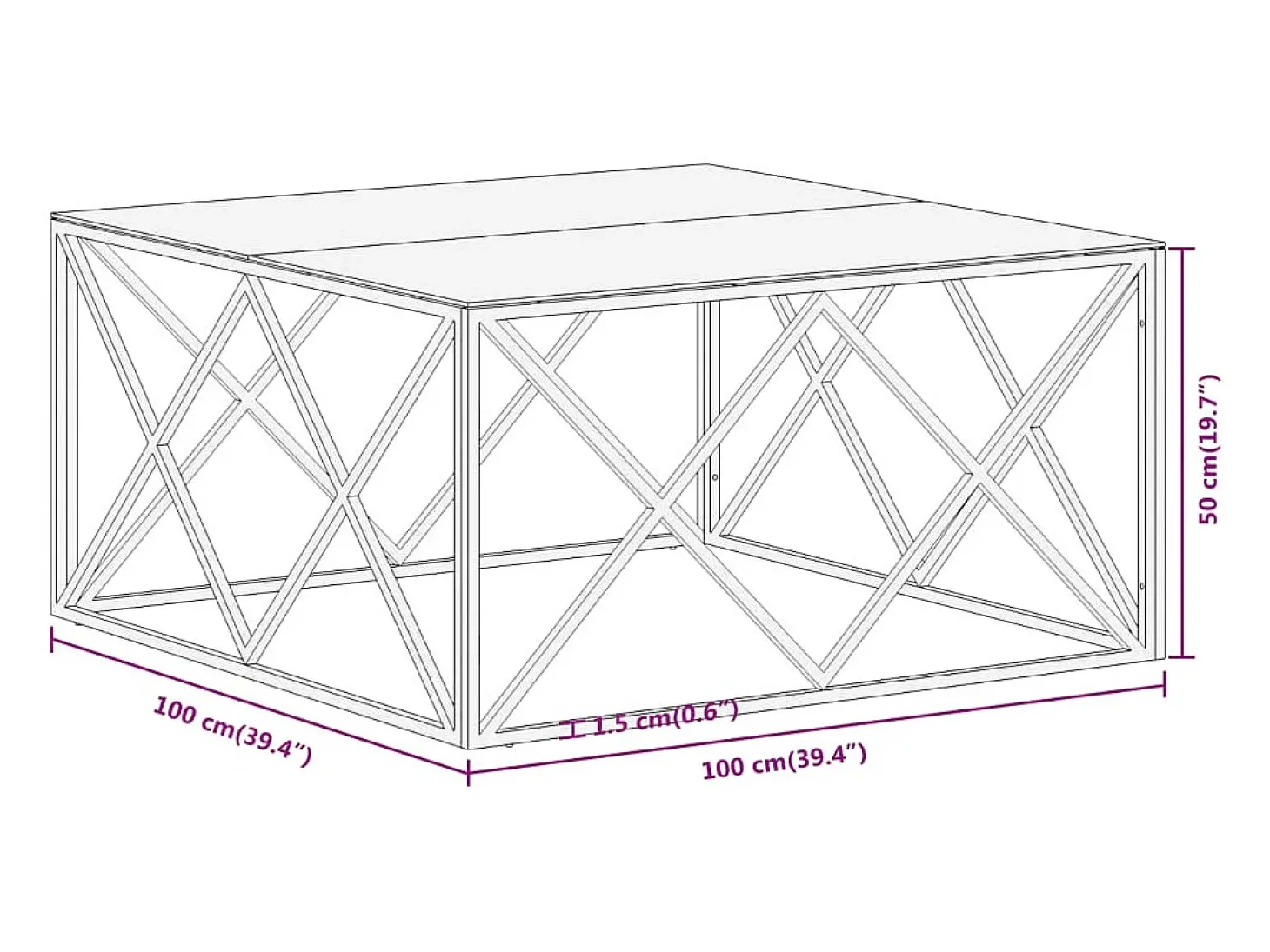 Mesa de centro aço inoxidável e vidro temperado prateado