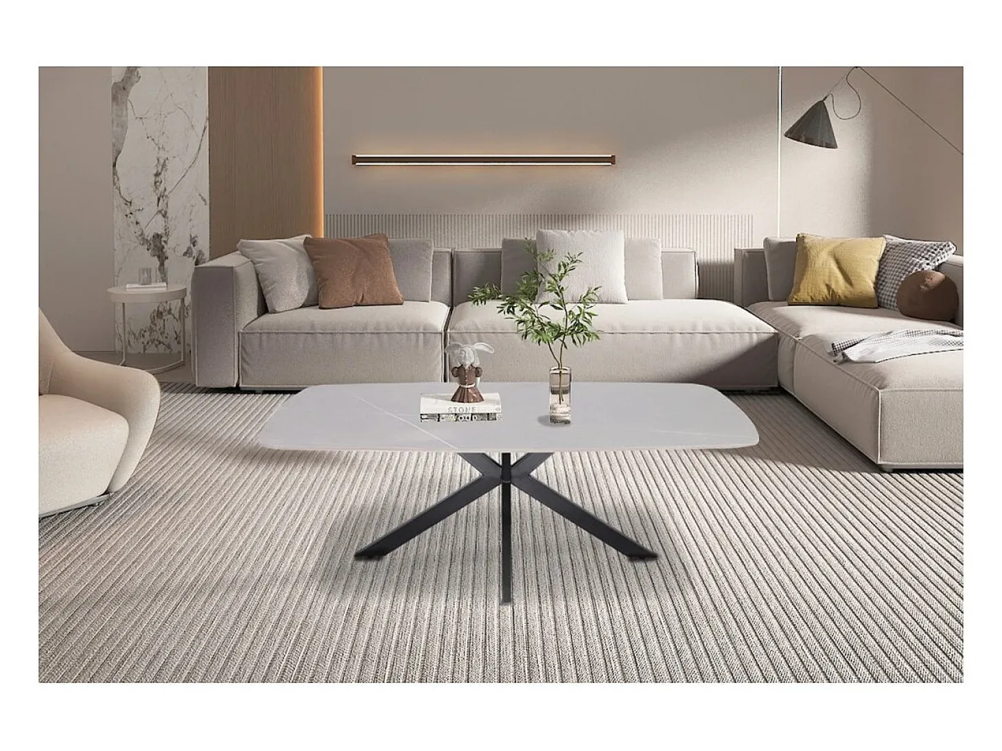 Mesa de Centro ARVENA – Mesa de Centro Retangular 130x70 cm – Pedra Cinza & Metal – Design Contemporâneo e Refinado