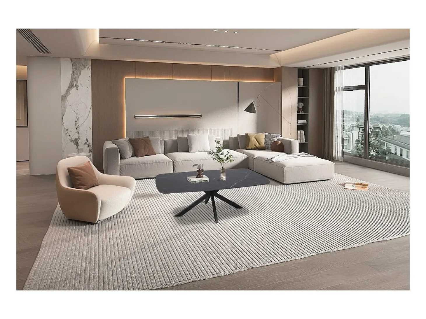 Mesa de Centro ARVENA – Mesa de Centro Retangular 130x70 cm – Pedra Preta & Metal – Design Elegante e Contemporâneo