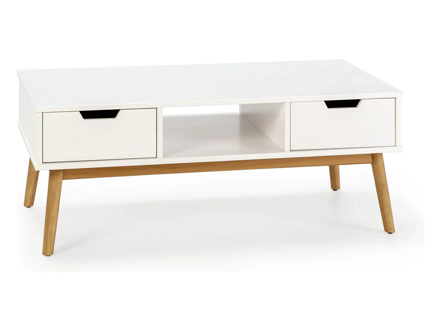 Mesa de centro Baku branca, pinho maciço, 2 gavetas, 110 cm.