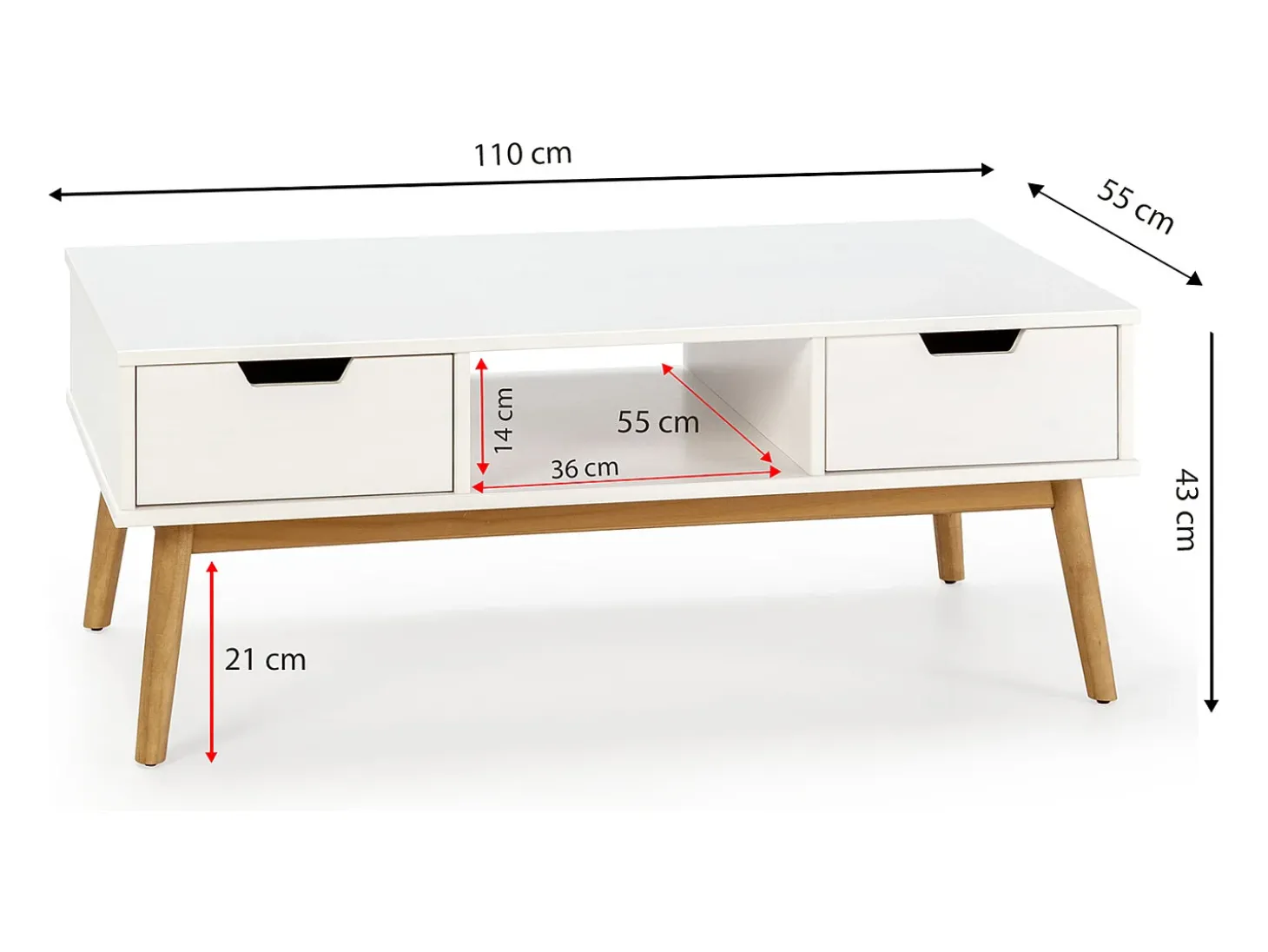 Mesa de centro Baku branca, pinho maciço, 2 gavetas, 110 cm.