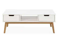 Mesa de centro Baku branca, pinho maciço, 2 gavetas, 110 cm.