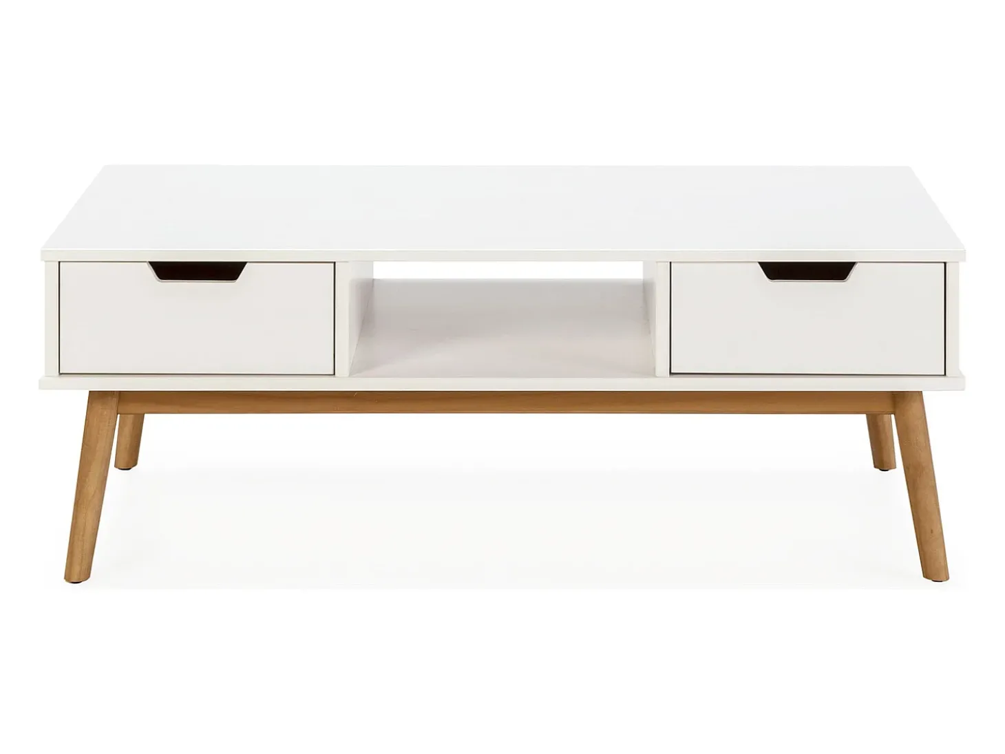 Mesa de centro Baku branca, pinho maciço, 2 gavetas, 110 cm.