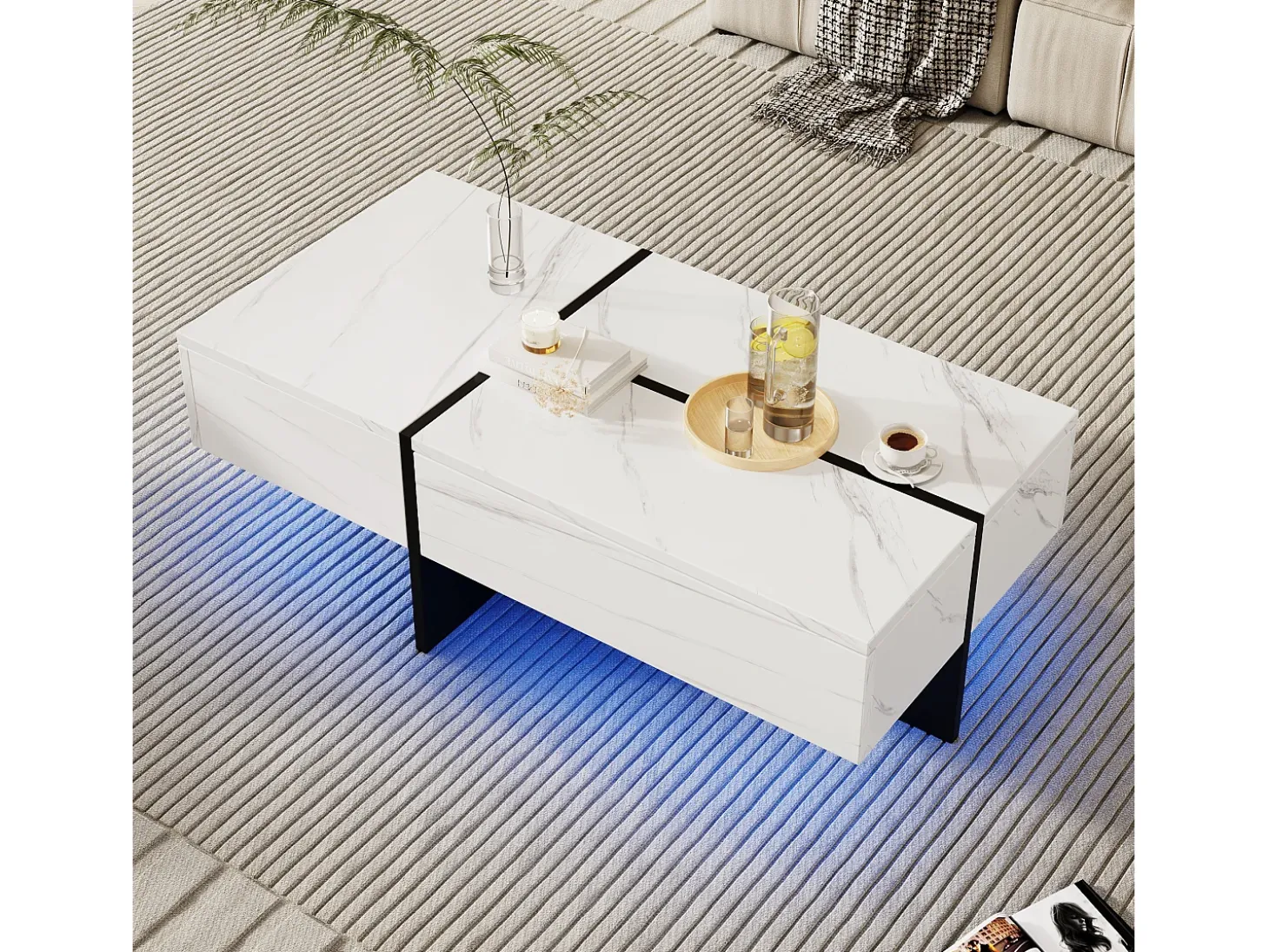 Mesa de centro branca alto brilho, mesa de sala, tampo em mármore com LED, 100 x 50 x 34,5 cm