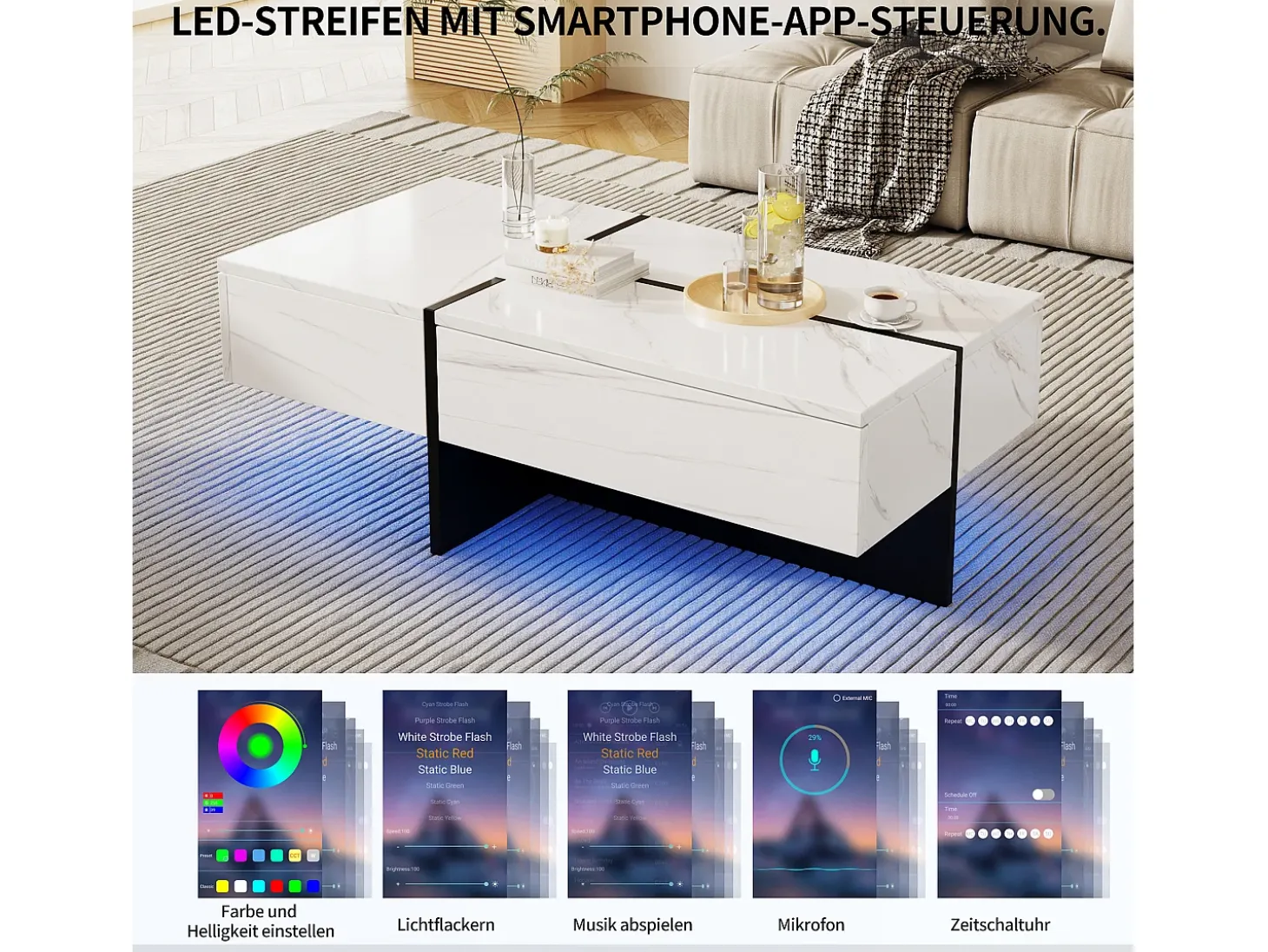 Mesa de centro branca alto brilho, mesa de sala, tampo em mármore com LED, 100 x 50 x 34,5 cm