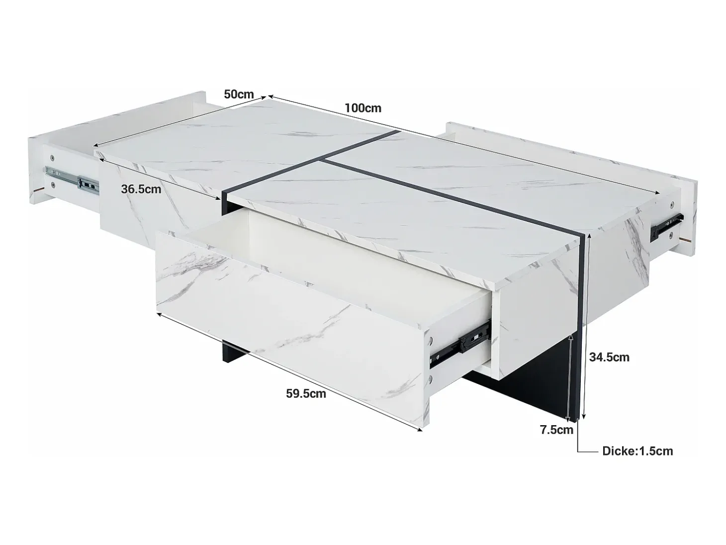 Mesa de centro branca alto brilho, mesa de sala, tampo em mármore com LED, 100 x 50 x 34,5 cm
