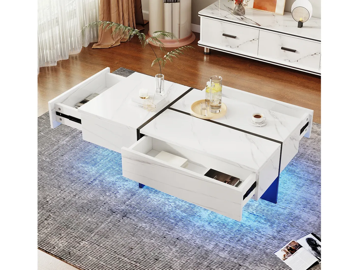 Mesa de centro branca alto brilho, mesa de sala, tampo em mármore com LED, 100 x 50 x 34,5 cm