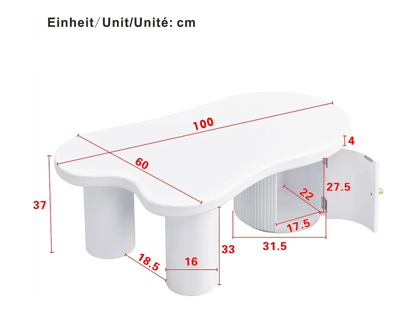 Mesa de centro branca com porta, design assimétrico, MDF