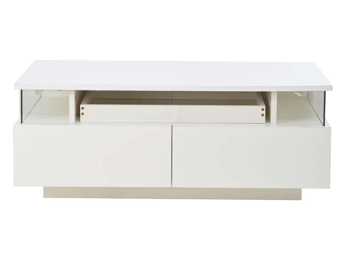 Mesa de centro branca com 2 gavetas, iluminação LED e tampo amovível 90x45x35,5cm
