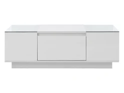 Mesa de centro branca com 2 gavetas, iluminação LED e tampo em vidro 105x50x35cm